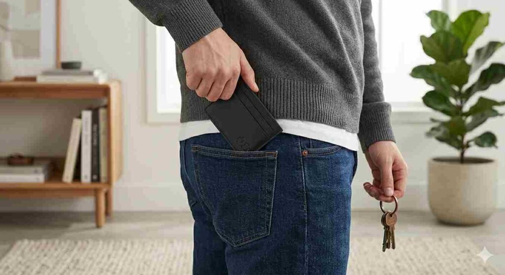 person using vegan leather wallet slim wallet lifestyle shot