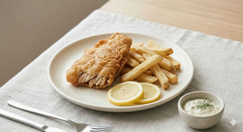 Banana blossom vegan fish served like fish and chips