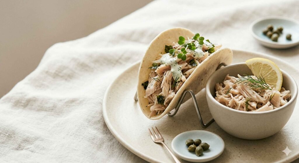 Jackfruit styled as shredded vegan fish used in plant-based dishes