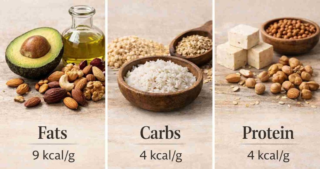 Infographic showing high calorie vegan macronutrients including fats (avocado, oil, nuts), carbohydrates (rice, grains), and protein (tofu, chickpeas) with calories per gram