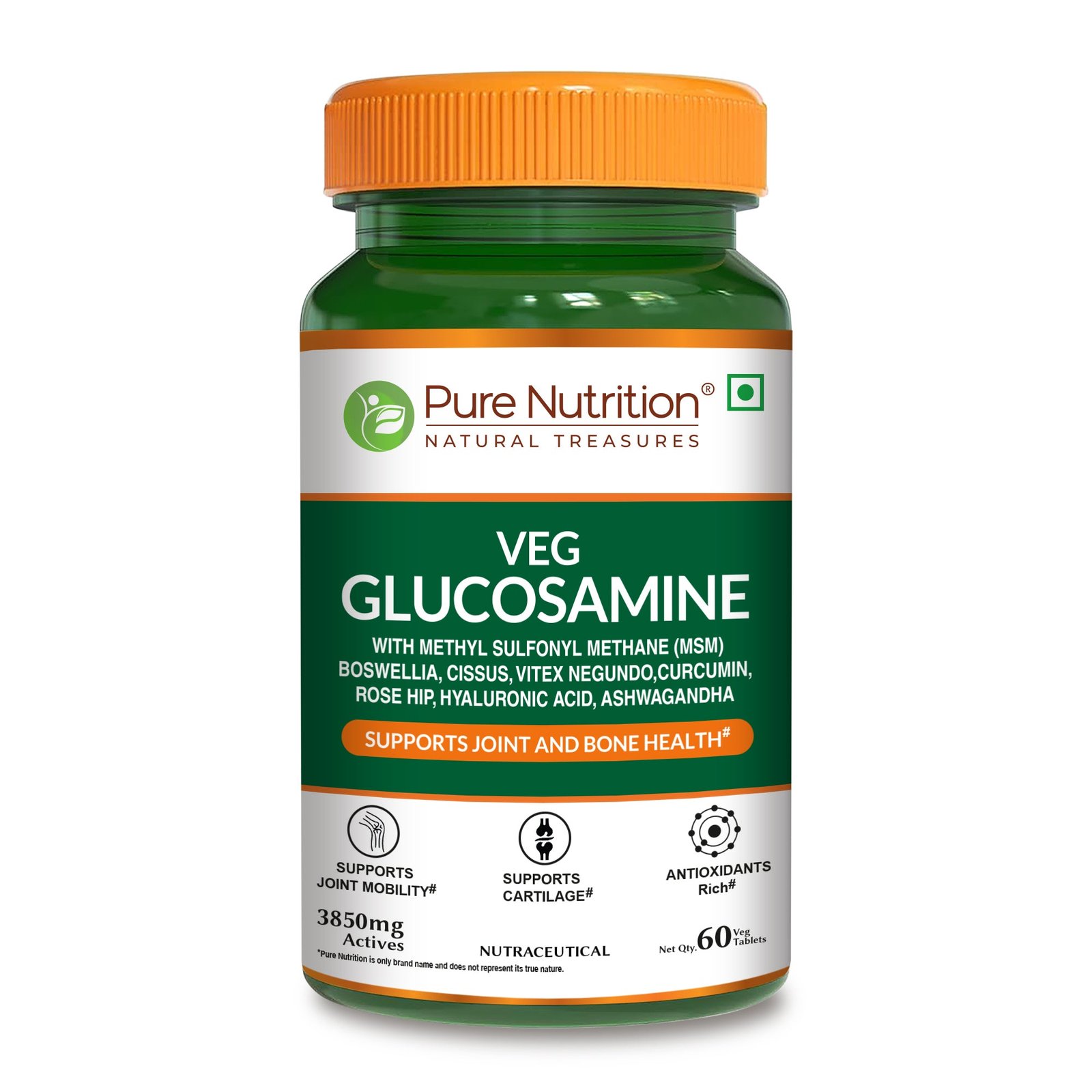 VEG_GLUCOSAMINE_60_Tab_FOP_mockup.jpg Veg Glucosamine with MSM – 60 Tablets - Image 1