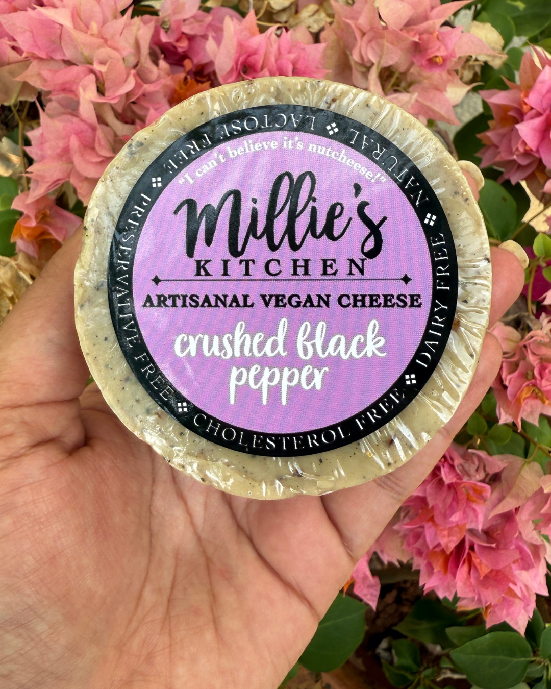 Millie's Cracked Pepper Vegan Cheese Wheel | Artisan Pepper Crusted Dairy-Free Cheese Cracked Pepper Vegan Cheese Wheel