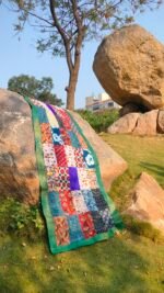 Patchwork Stole | Multicolour - Handmade Patchwork Stole for Women with Sea green Faux brocade border - Image 3