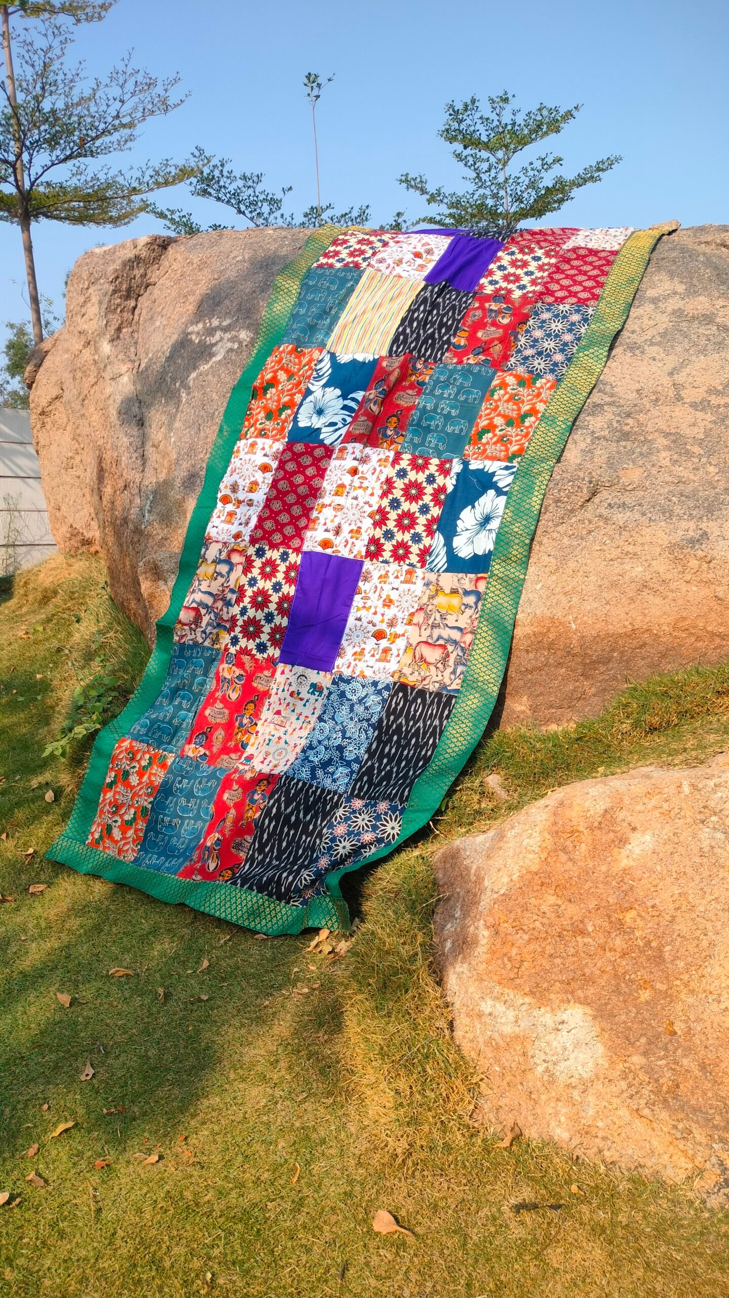 oplus_32 Patchwork Stole | Multicolour - Handmade Patchwork Stole for Women with Sea green Faux brocade border - Image 1