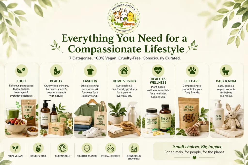 VegGora vegan lifestyle categories including food beauty fashion home wellness pet care and baby products