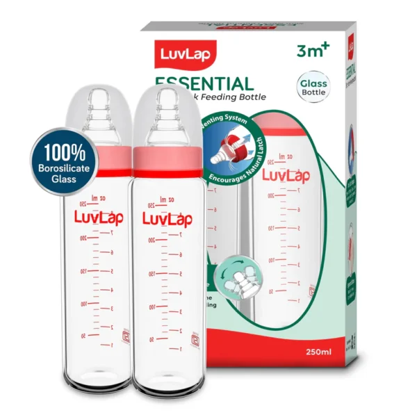 Wide Neck Glass Feeding Bottle for Baby – LuvLap Natura Flo BPA Free Anti-Colic Bottle 250ml Pack of 2