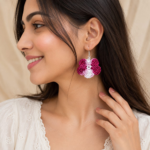 Handmade Crochet Flower Earrings – Pink & White Cotton Floral Dangle Earrings - Image 2