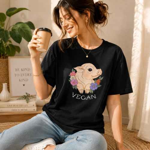 Cute Pig Vegan Graphic Unisex Cotton T-Shirt - Image 1