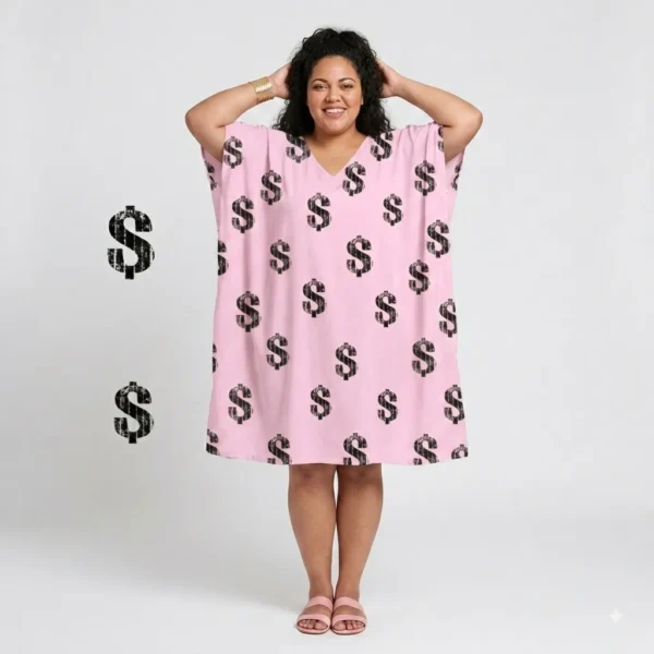 Women's Pink Dollar Sign Printed Satin Kaftan Dress