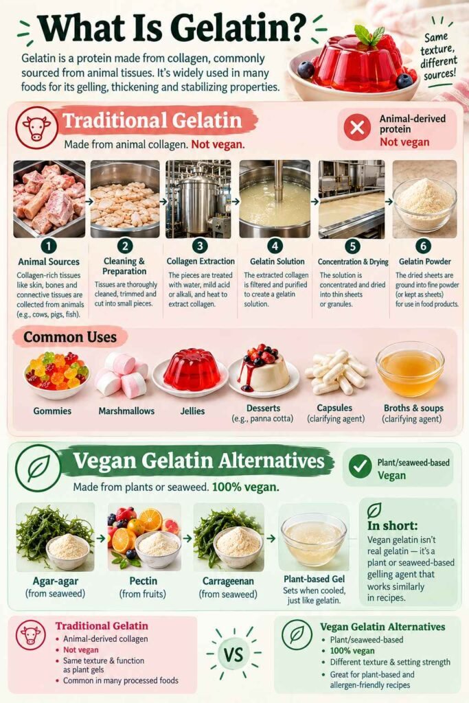 Infographic comparing traditional animal-derived gelatin with vegan gelatin alternatives such as agar-agar, pectin and carrageenan