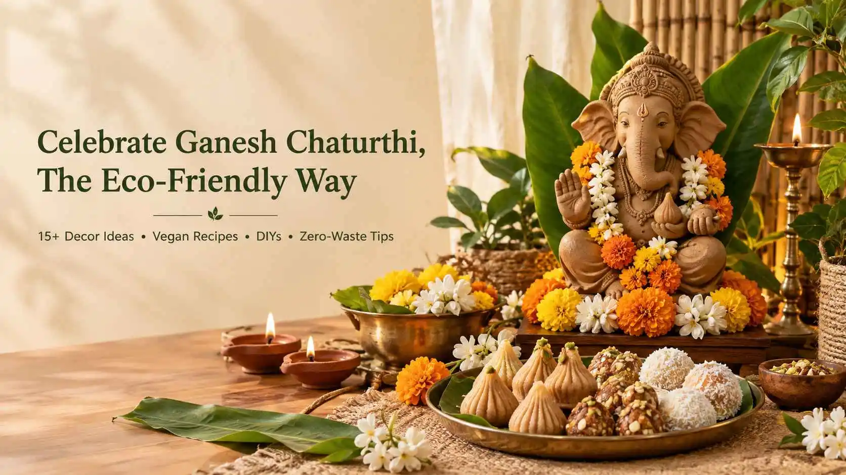 Eco-friendly Ganesh Chaturthi 2026 home decoration with clay Ganesha, flowers, banana leaves and vegan sweets