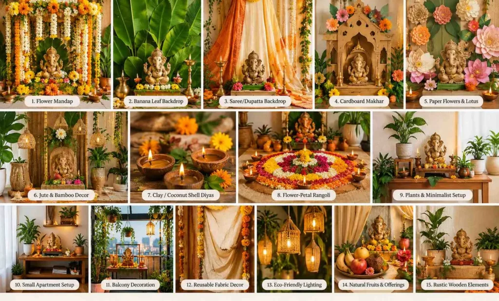 15+ eco-friendly Ganesh Chaturthi decoration ideas with flowers, banana leaves, jute, diyas and plants