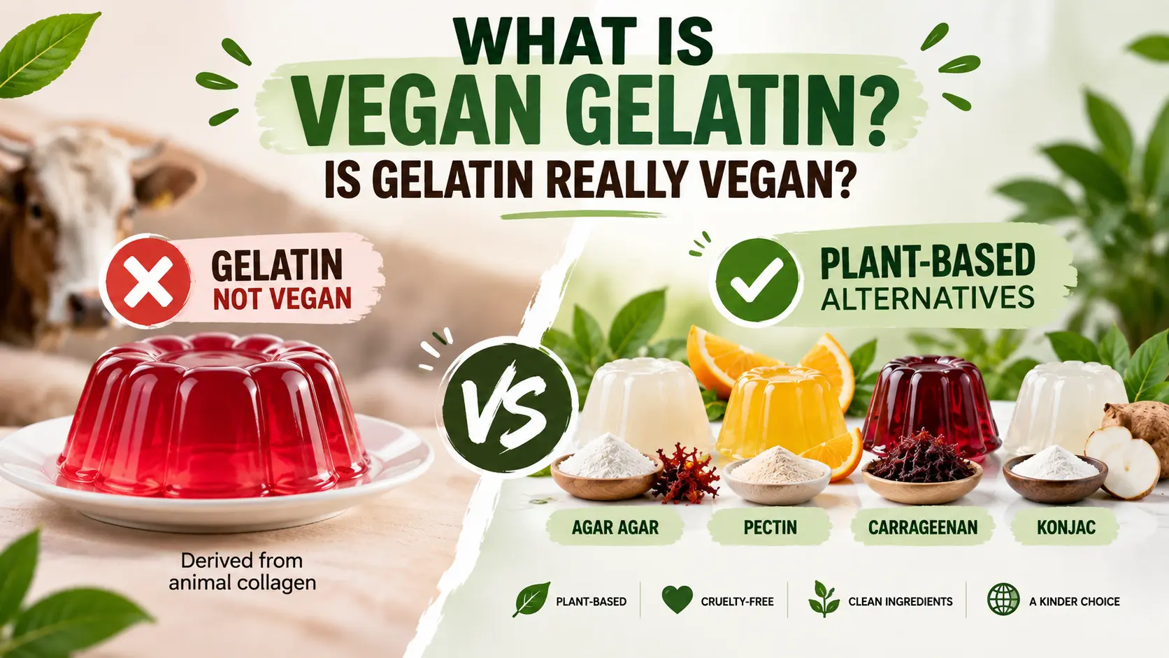 What is vegan gelatin? Gelatin vs plant-based alternatives including agar agar, pectin, carrageenan, and konjac
